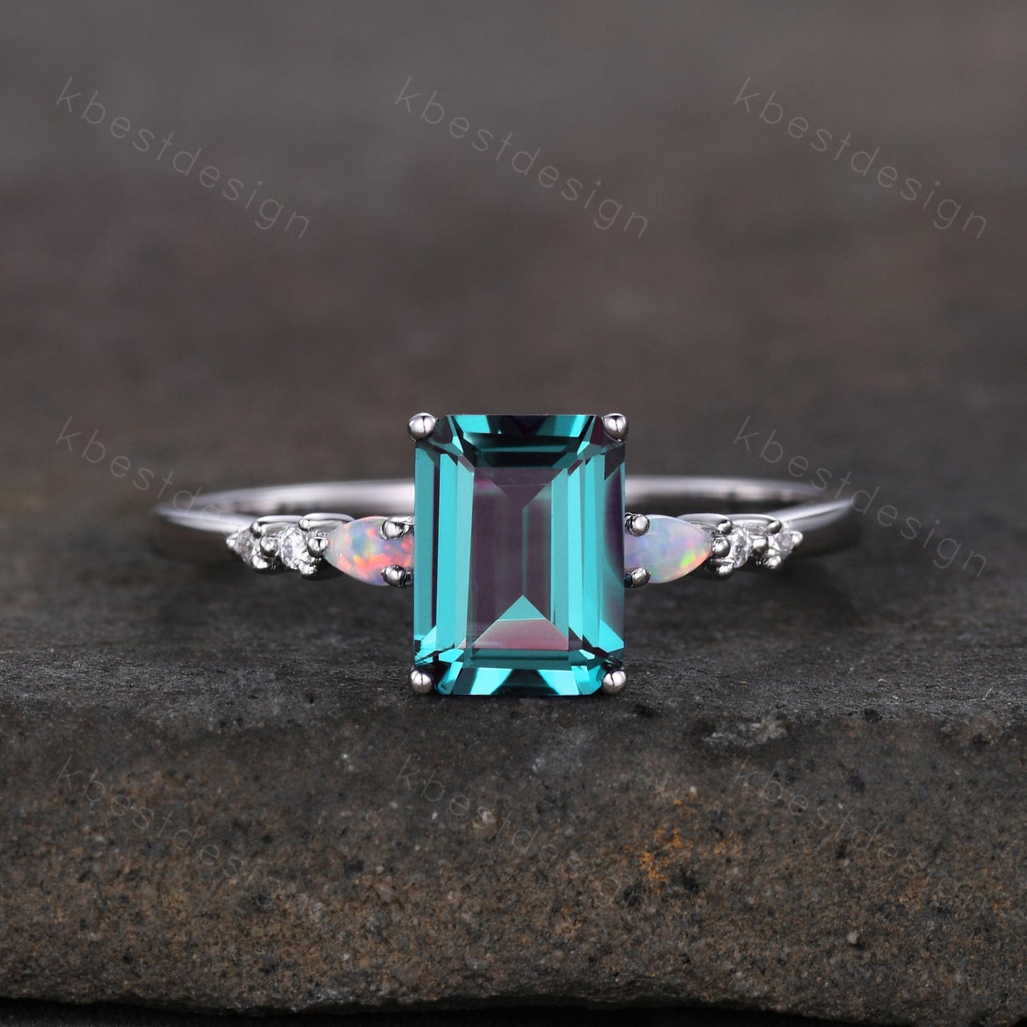 Emerald cut Alexandrite ring white gold ring for women vintage unique Alexandrite engagement ring pear opal wedding ring Promise ring
