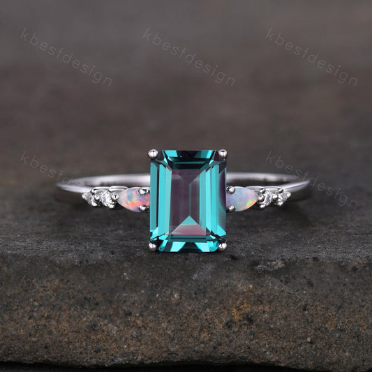 Emerald cut Alexandrite ring white gold ring for women vintage unique Alexandrite engagement ring pear opal wedding ring Promise ring