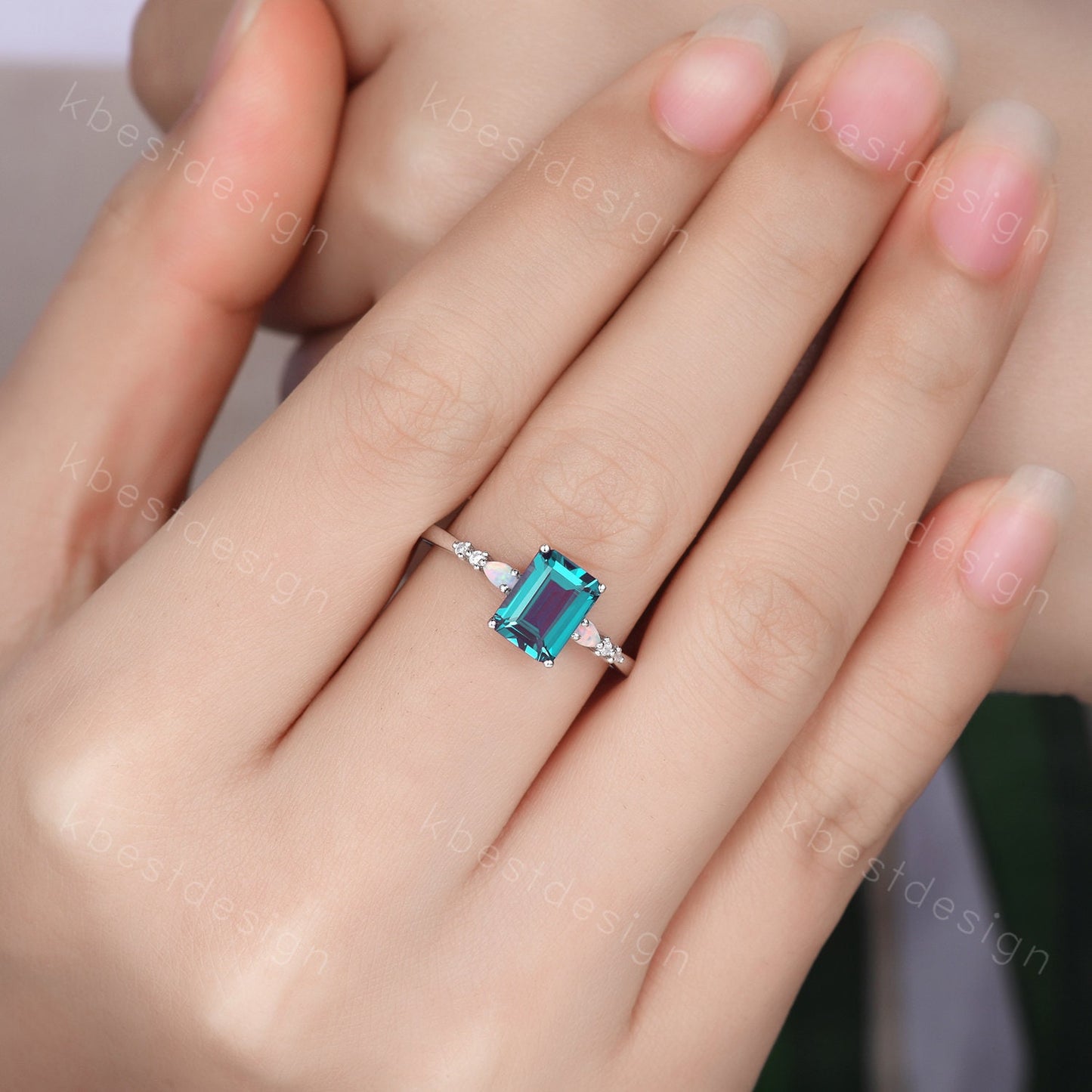 Emerald cut Alexandrite ring white gold ring for women vintage unique Alexandrite engagement ring pear opal wedding ring Promise ring