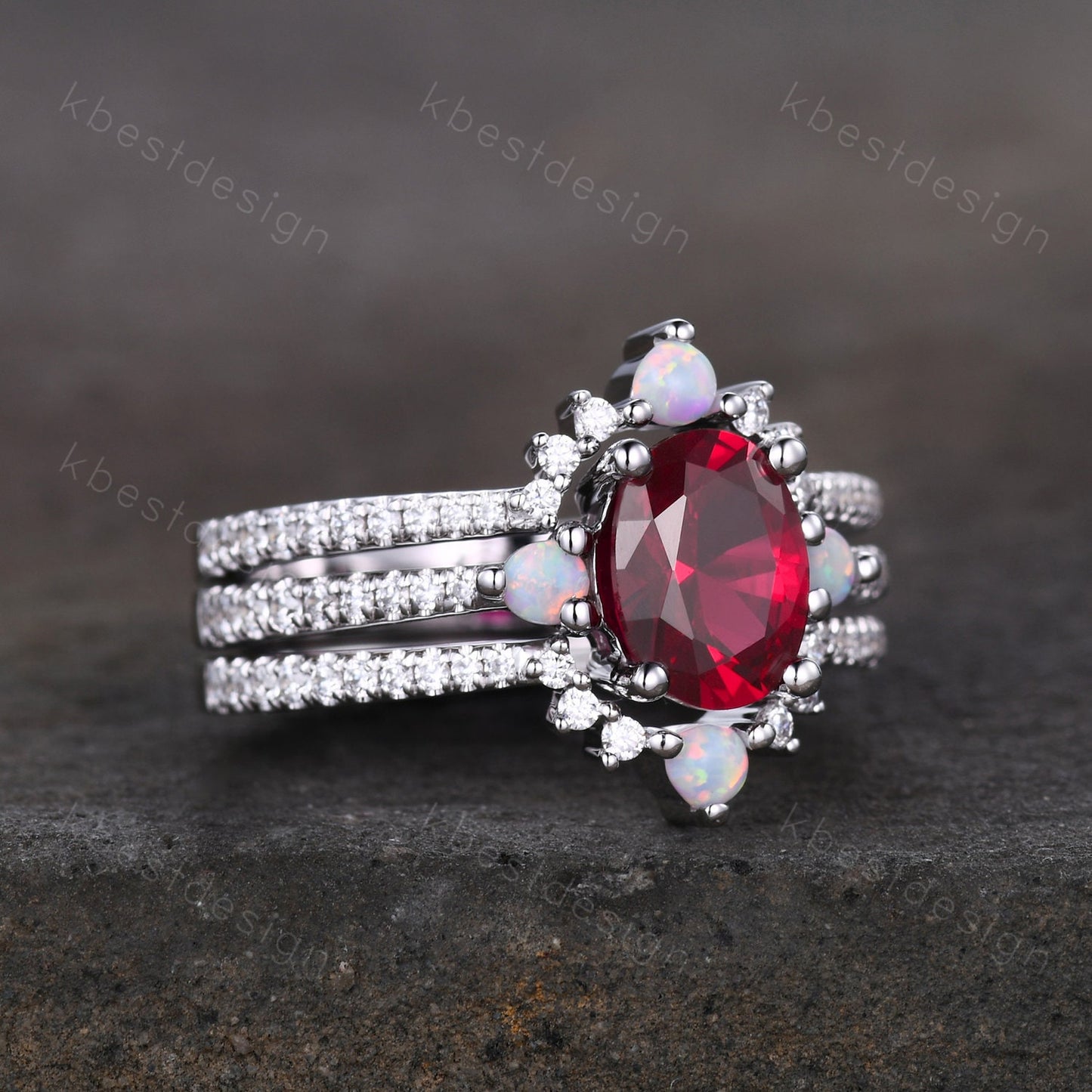 Vintage 3PCS Ruby Bridal Set/ Oval Ruby Engagement Ring Set/ Curved Opal Stacking Band/Silver Ring/ July Birthstone Ring/ Anniversary Gift