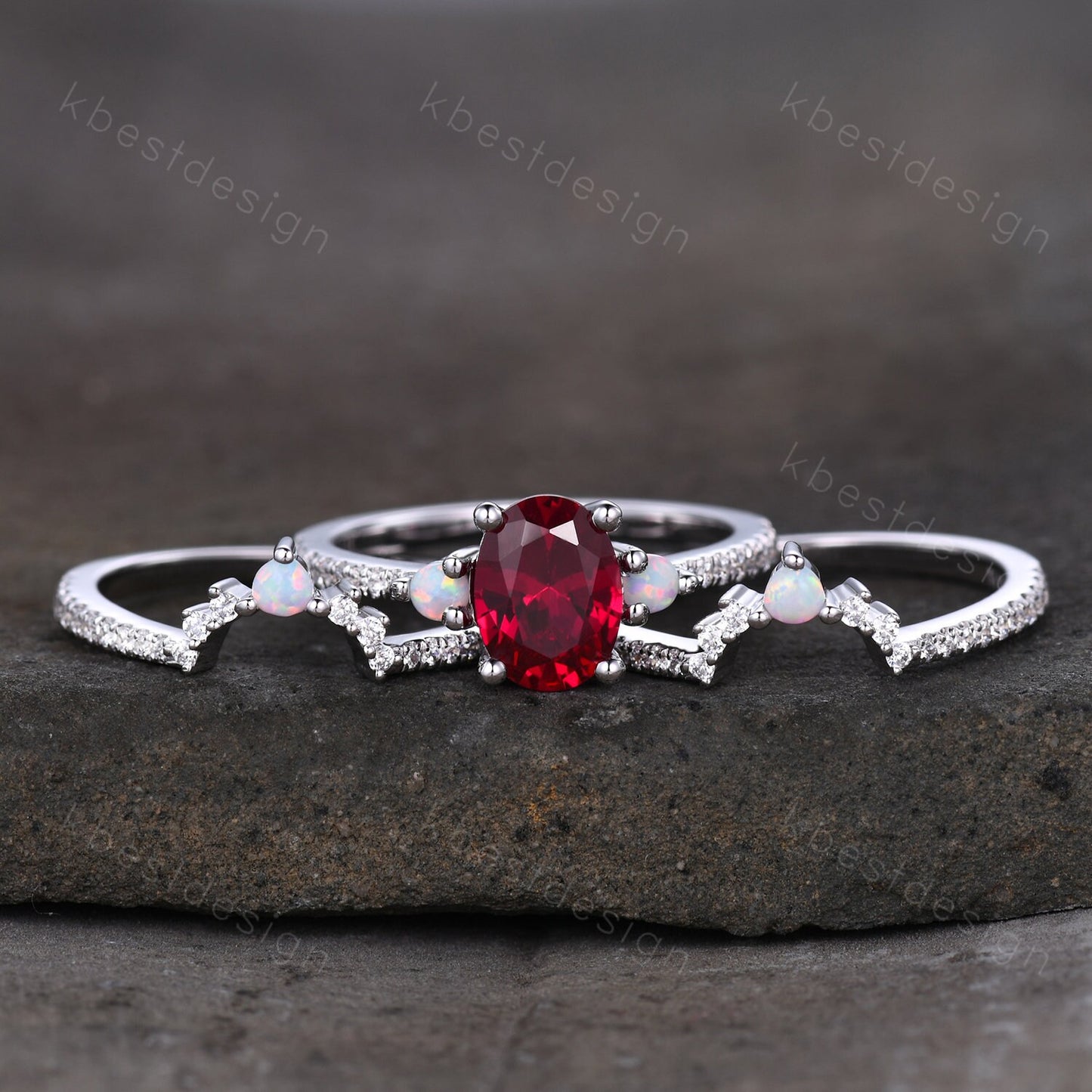 Vintage 3PCS Ruby Bridal Set/ Oval Ruby Engagement Ring Set/ Curved Opal Stacking Band/Silver Ring/ July Birthstone Ring/ Anniversary Gift