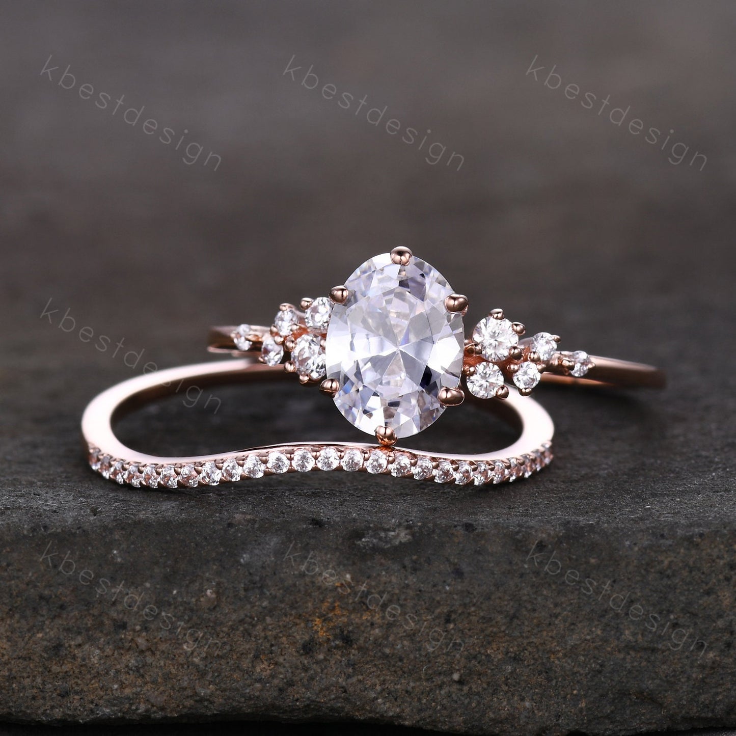 14K Rose Gold Rings/ 1.5CT Oval Simulated Diamond Wedding Ring/ Diamond Bridal Set Ring/ Anniversary Gift/ CZ Engagement Ring
