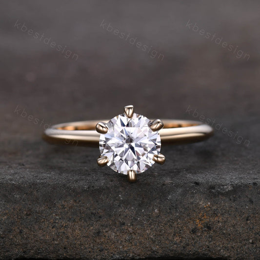 Round cut moissanite engagement ring 1.2ct solitaire bridal ring 14k solid gold ring 6 prong engagement ring dainty Promise Anniversary ring