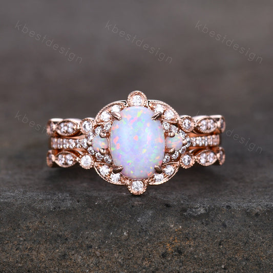 3PCS White Opal Engagement Ring Set, Rose Gold Rings for Women, Art Deco Moissanite Stacking Band, Oval Cut Bridal Set, Unique Curved Bands