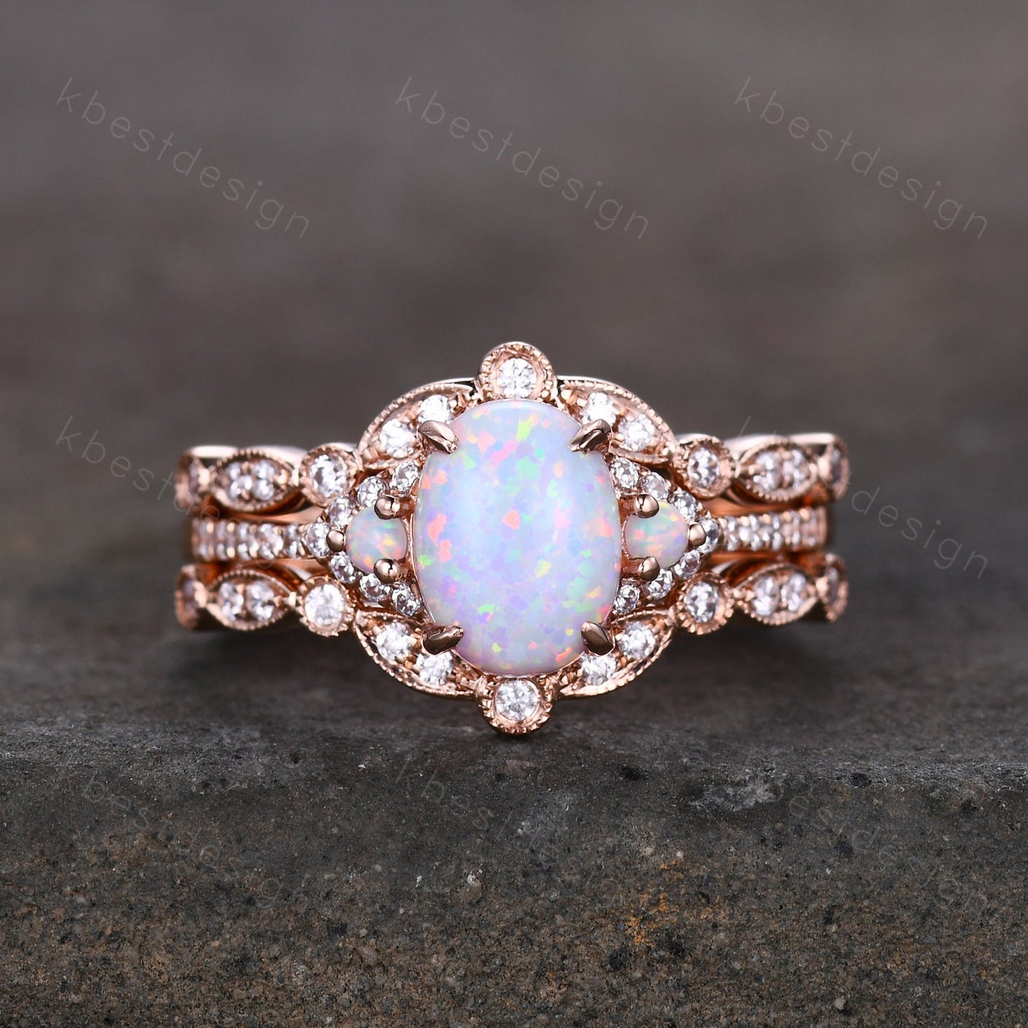 3PCS White Opal Engagement Ring Set, Rose Gold Rings for Women, Art Deco Moissanite Stacking Band, Oval Cut Bridal Set, Unique Curved Bands