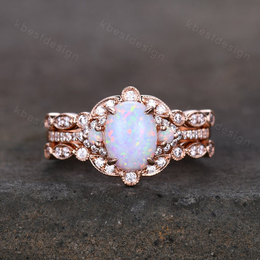 3PCS White Opal Engagement Ring Set, Rose Gold Rings for Women, Art Deco Moissanite Stacking Band, Oval Cut Bridal Set, Unique Curved Bands