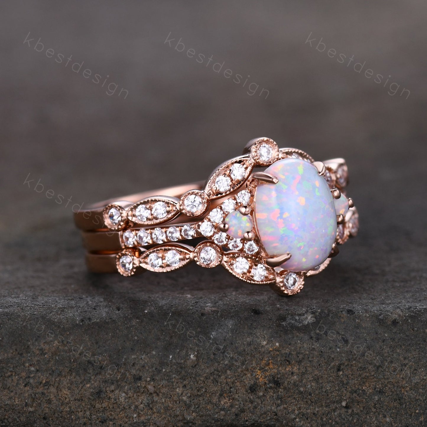 3PCS White Opal Engagement Ring Set, Rose Gold Rings for Women, Art Deco Moissanite Stacking Band, Oval Cut Bridal Set, Unique Curved Bands