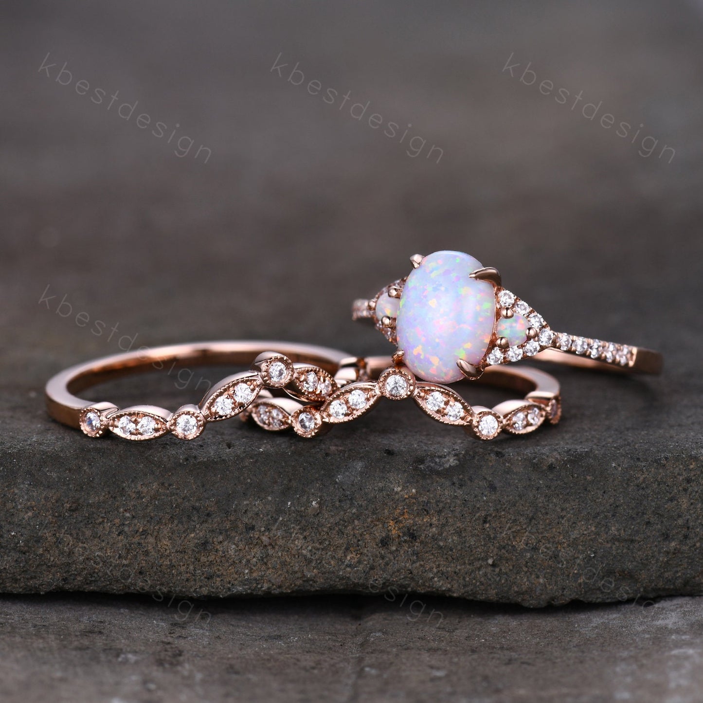 3PCS White Opal Engagement Ring Set, Rose Gold Rings for Women, Art Deco Moissanite Stacking Band, Oval Cut Bridal Set, Unique Curved Bands