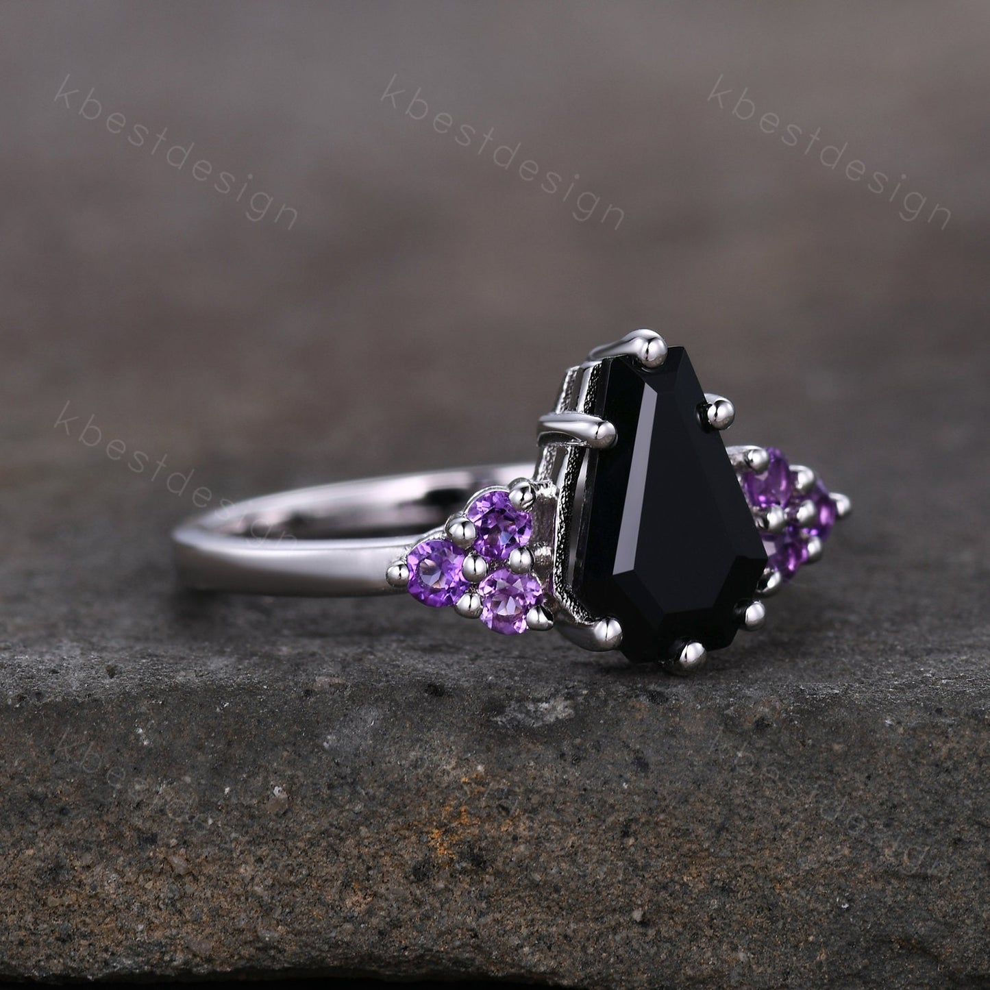 Black Onyx Engagement Ring Sterling silver ring Vintage coffin shaped ring Unique Amethyst cluster wedding ring Promise anniversary ring