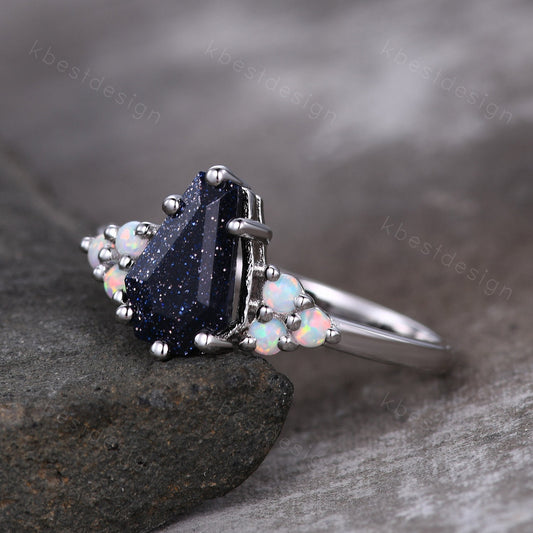 Galaxy Blue Sandstone Engagement Ring Antique Coffin Shaped Ring Unique Art Deco Opal Cluster Ring Women Silver Wedding Bridal Promise Ring