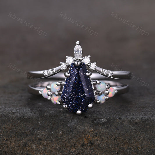Sterling silver galaxy blue sandstone ring Coffin shaped ring Vintage opal Cluster engagement ring Dainty curved moissanite wedding band set