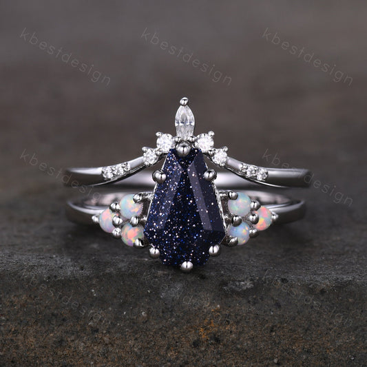 Sterling silver galaxy blue sandstone ring Coffin shaped ring Vintage opal Cluster engagement ring Dainty curved moissanite wedding band set