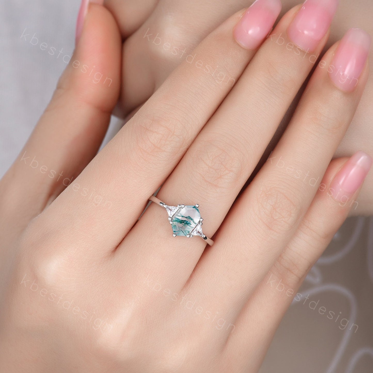 Hexagon cut green moss agate ring women sterling silver moissanite ring unique three stone engagement ring curved stacking bridal ring set