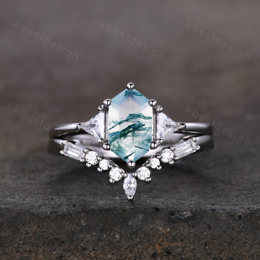 Hexagon cut green moss agate ring women sterling silver moissanite ring unique three stone engagement ring curved stacking bridal ring set