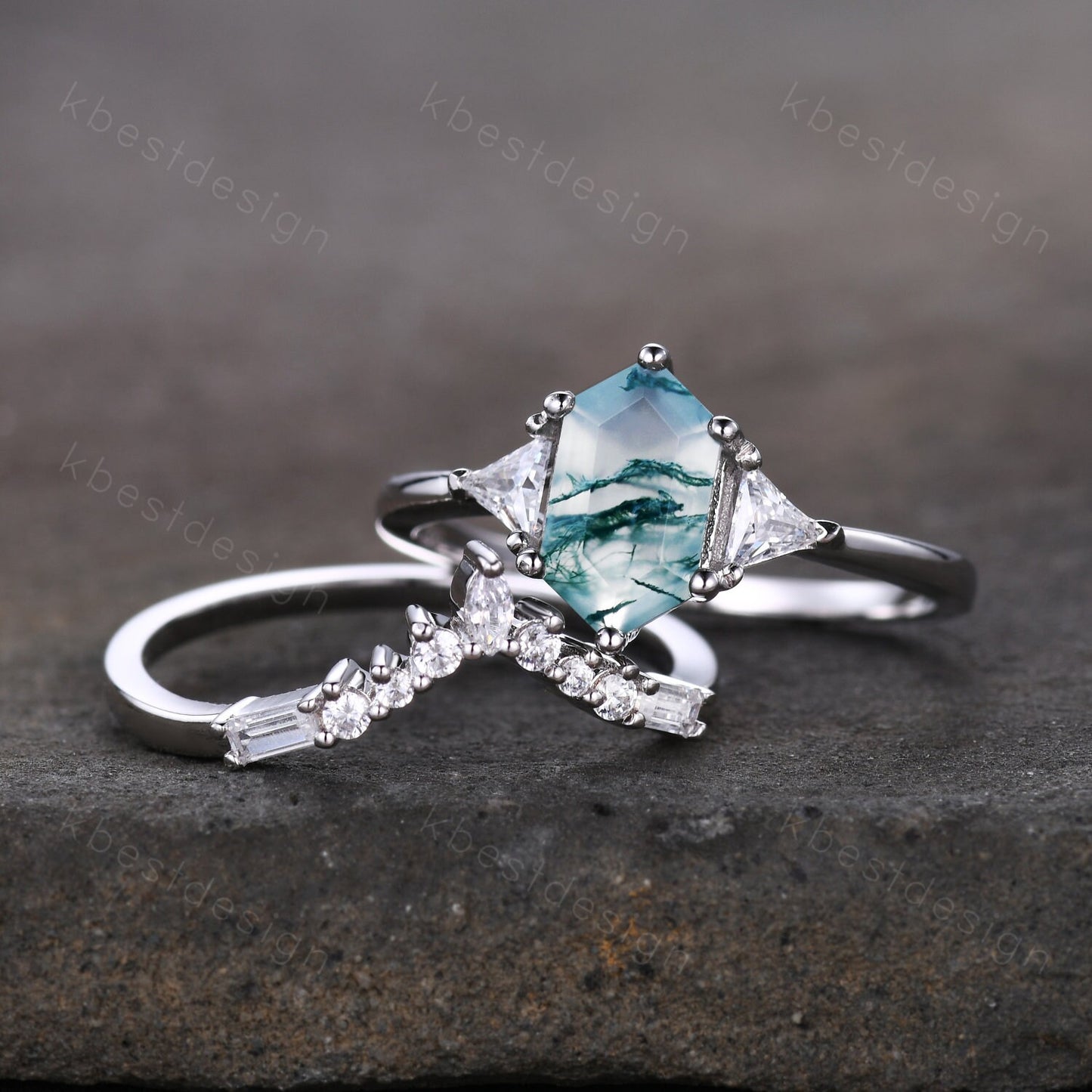 Hexagon cut green moss agate ring women sterling silver moissanite ring unique three stone engagement ring curved stacking bridal ring set