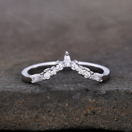 Curved wedding band sterling silver wedding ring art deco baguette Diamond/Moissanite stacking matching band anniversary gift for her