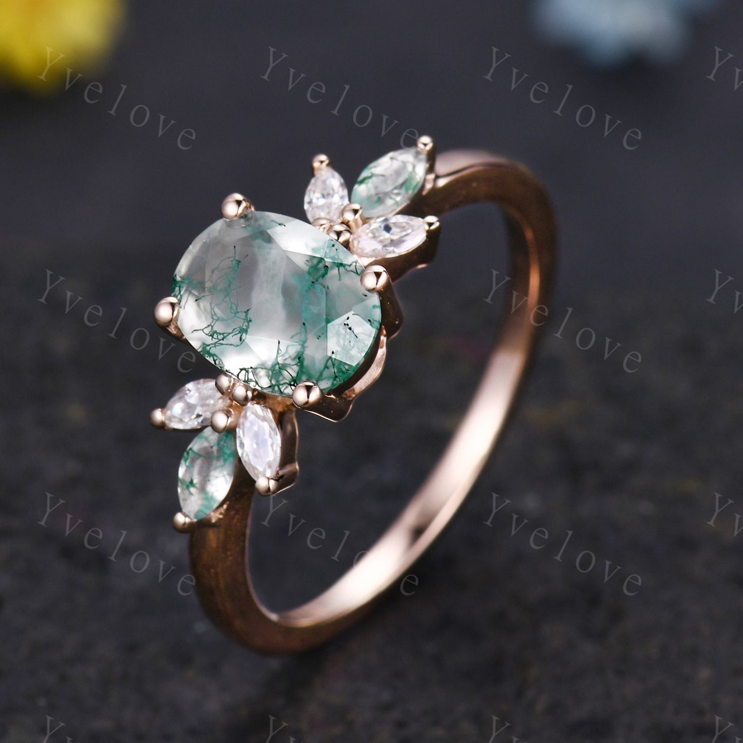 Moss Agate Engagement Ring Set Women Stacking Matching Band Moissanite Green Agate Ring Unique Vintage Floral Design Promise Bridal Set Gift