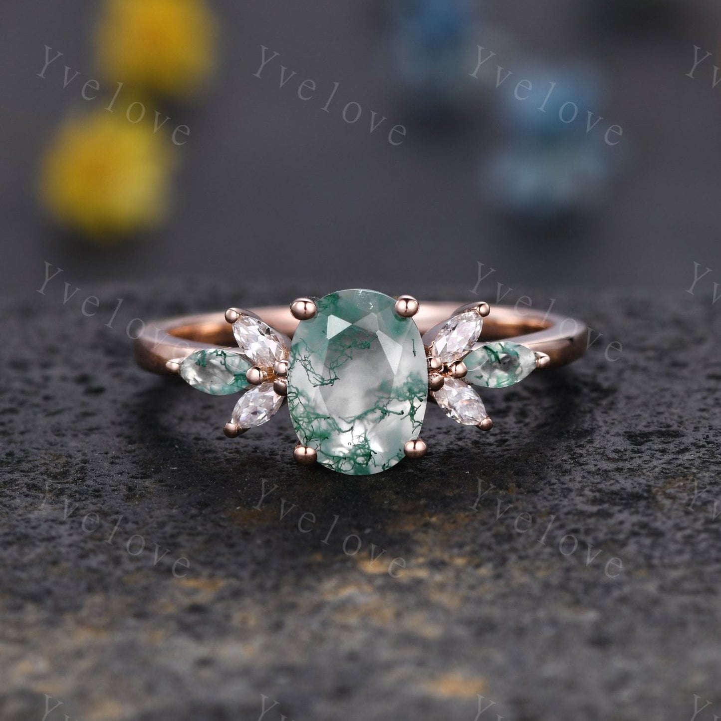 Moss Agate Engagement Ring Set Women Stacking Matching Band Moissanite Green Agate Ring Unique Vintage Floral Design Promise Bridal Set Gift