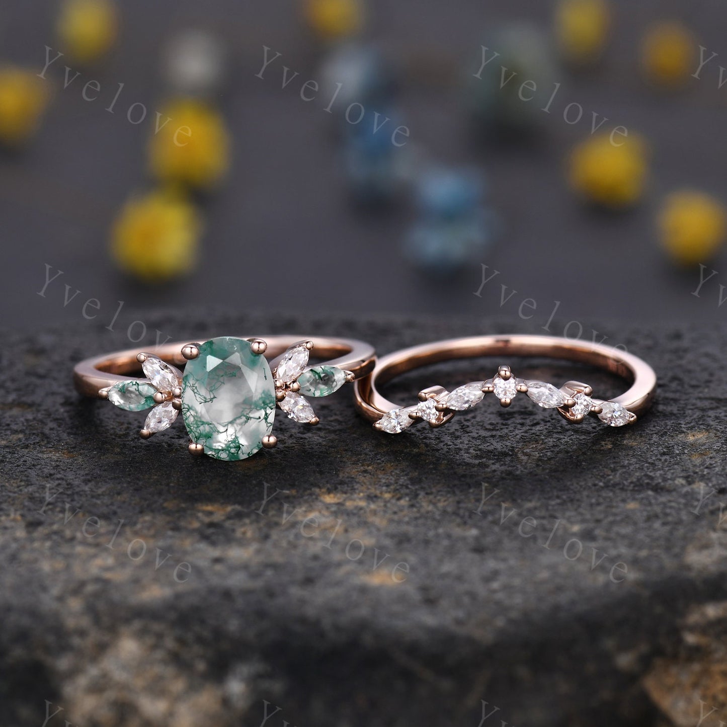 Moss Agate Engagement Ring Set Women Stacking Matching Band Moissanite Green Agate Ring Unique Vintage Floral Design Promise Bridal Set Gift