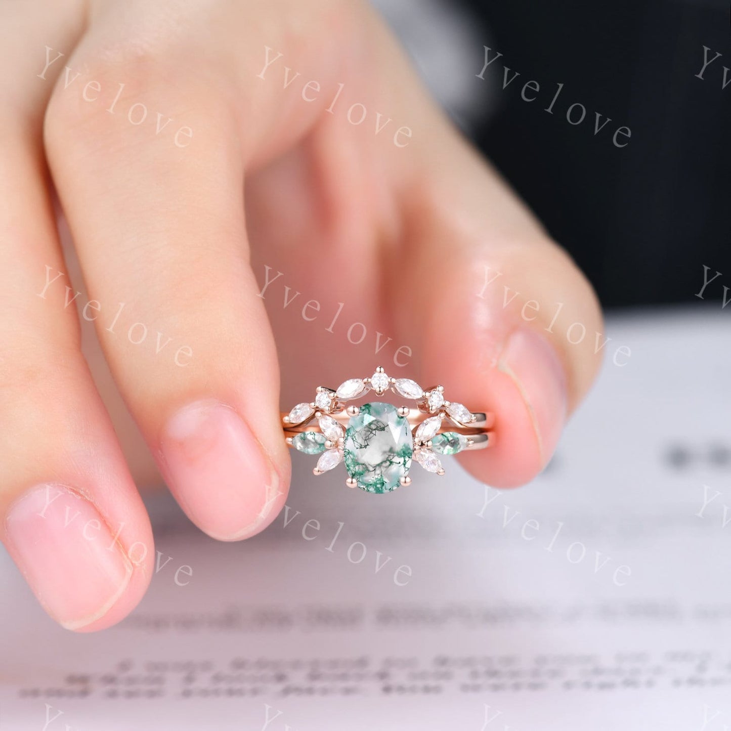 Moss Agate Engagement Ring Set Women Stacking Matching Band Moissanite Green Agate Ring Unique Vintage Floral Design Promise Bridal Set Gift