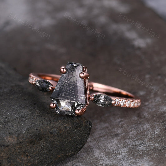 Vintage coffin cut black rutilated quartz engagement ring Marquise cut ring 14k Rose gold unique ring Moissanite pave band Anniversary ring