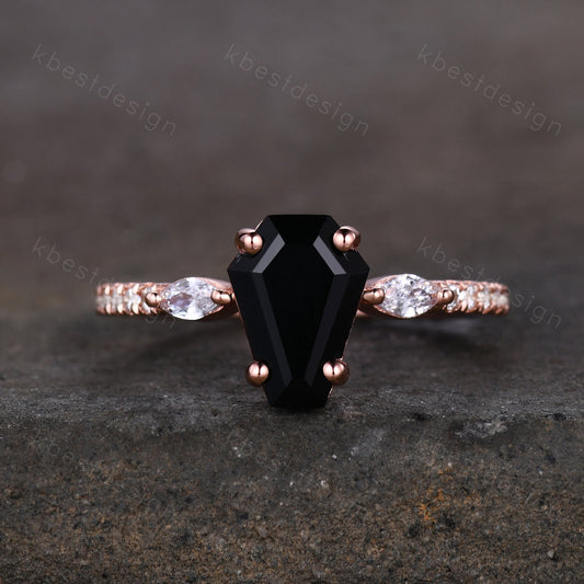 Coffin Shape Black Onyx Engagement Ring Vintage Rose Gold Moissanite Wedding Ring Unique Marquise cut Cluster Ring Antique Promise Ring