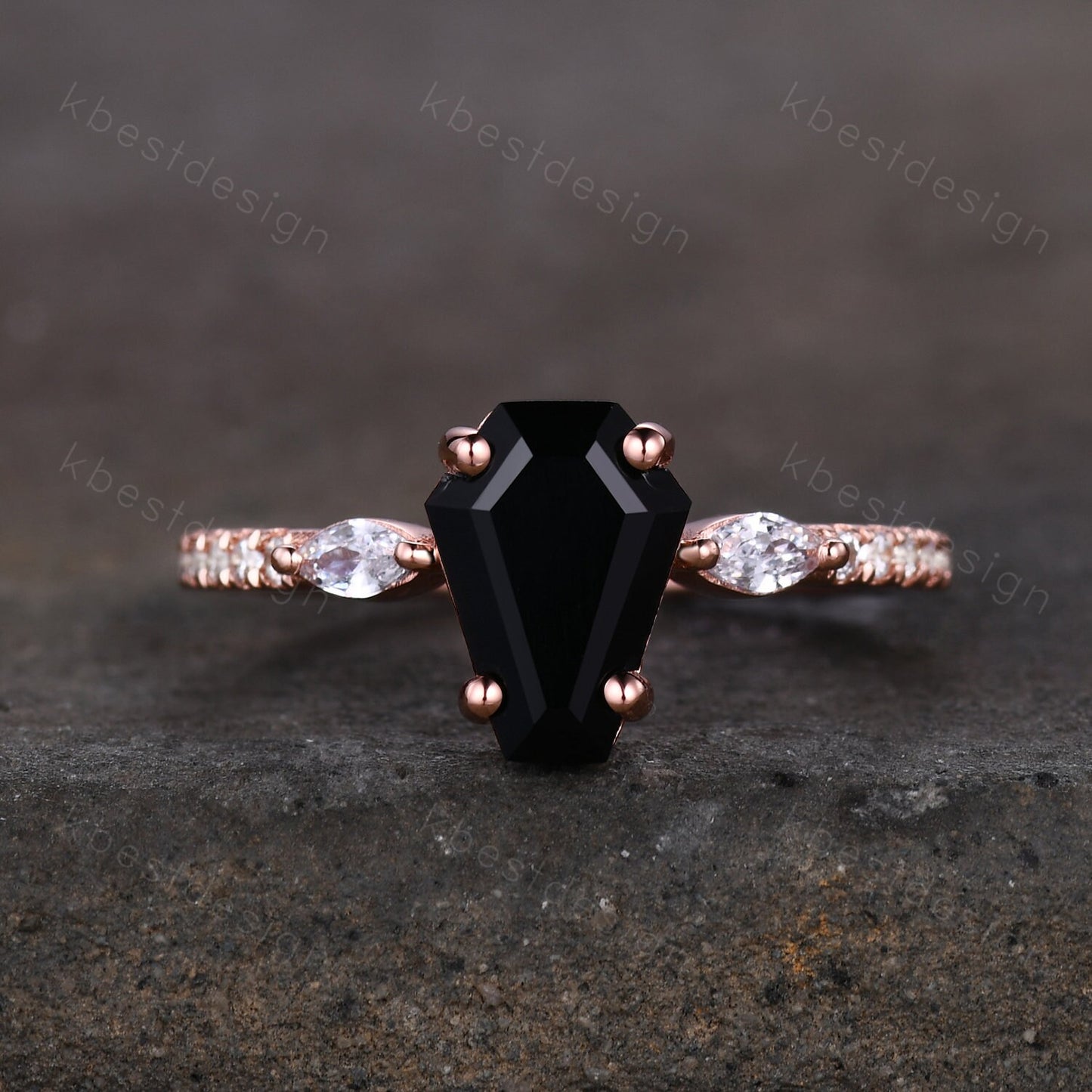 Coffin Shape Black Onyx Engagement Ring Vintage Rose Gold Moissanite Wedding Ring Unique Marquise cut Cluster Ring Antique Promise Ring