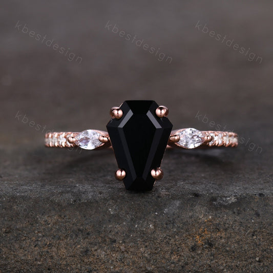 Coffin Shape Black Onyx Engagement Ring Vintage Rose Gold Moissanite Wedding Ring Unique Marquise cut Cluster Ring Antique Promise Ring