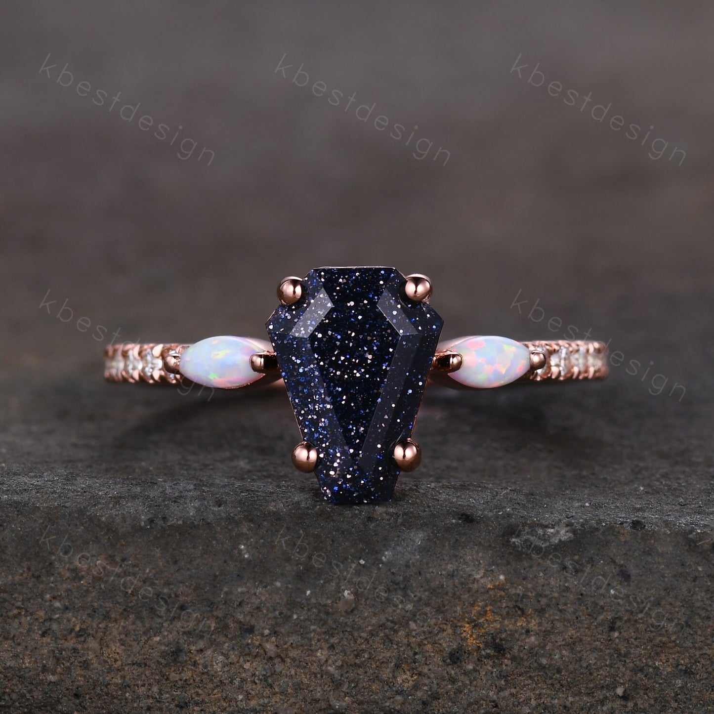 Coffin Shape Blue Sandstone Engagement Ring Vintage Rose Gold Marquise Opal Wedding Ring Unique Cluster Ring Antique Promise Ring