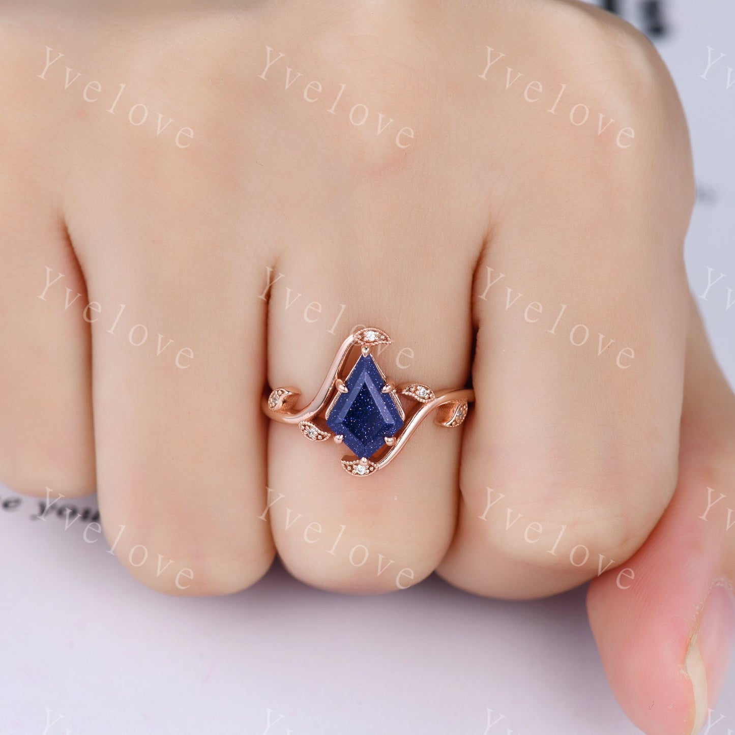 Retro Kite shaped Sandstone Ring,Vintage Blue Sandstone Ring,Unique Sandstone Engagement Ring,Stacking Wedding band,Promise Bridal Ring Gift