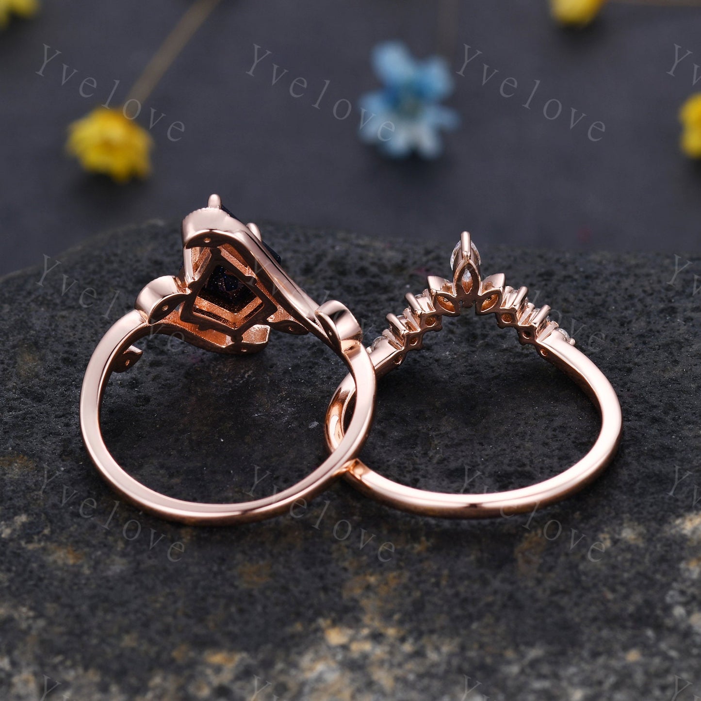 Retro Kite Sandstone Ring,Vintage Blue Sandstone Ring Set,Unique Sandstone Engagement Ring,Stacking Wedding band,Promise Bridal Ring Gift