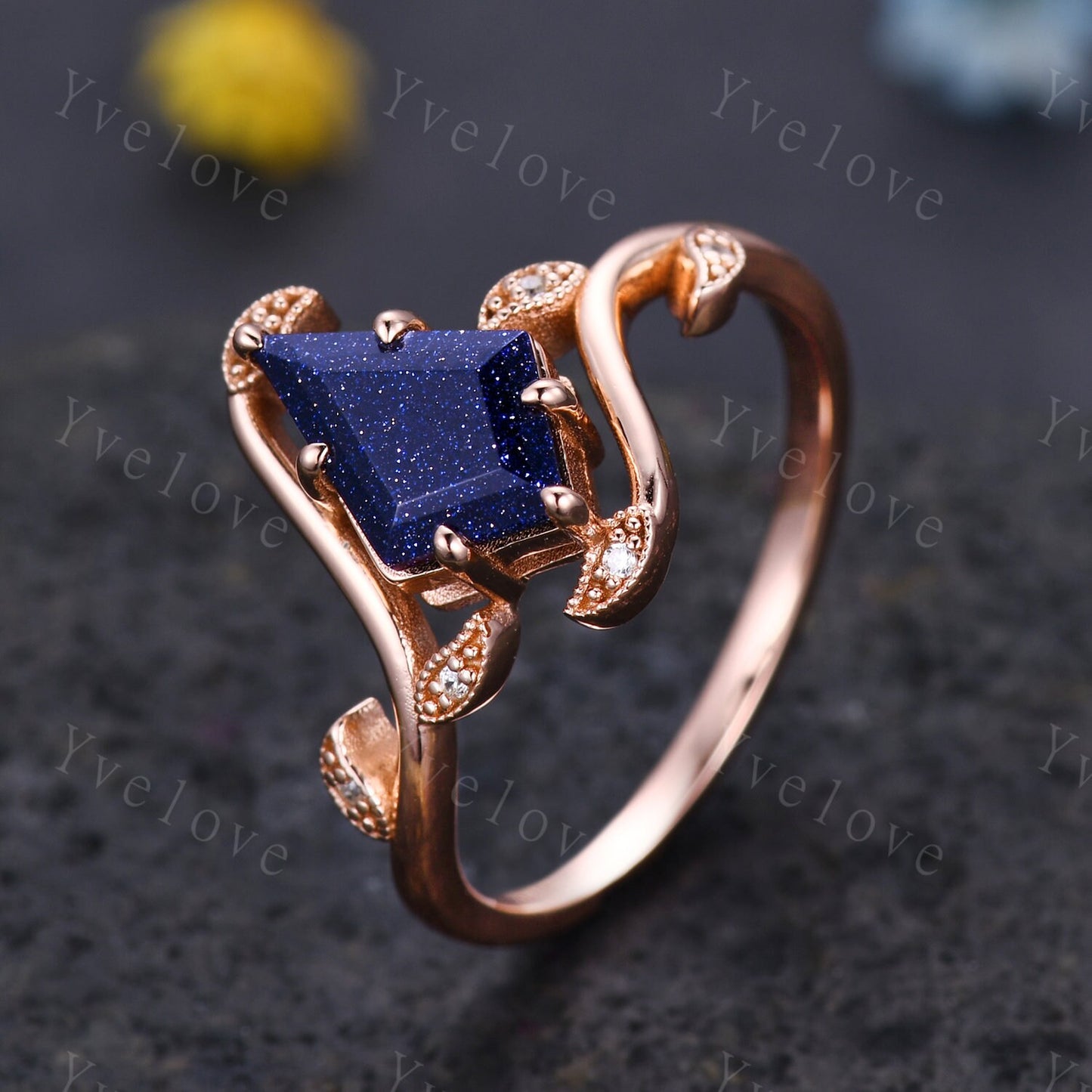Retro Kite Sandstone Ring,Vintage Blue Sandstone Ring Set,Unique Sandstone Engagement Ring,Stacking Wedding band,Promise Bridal Ring Gift