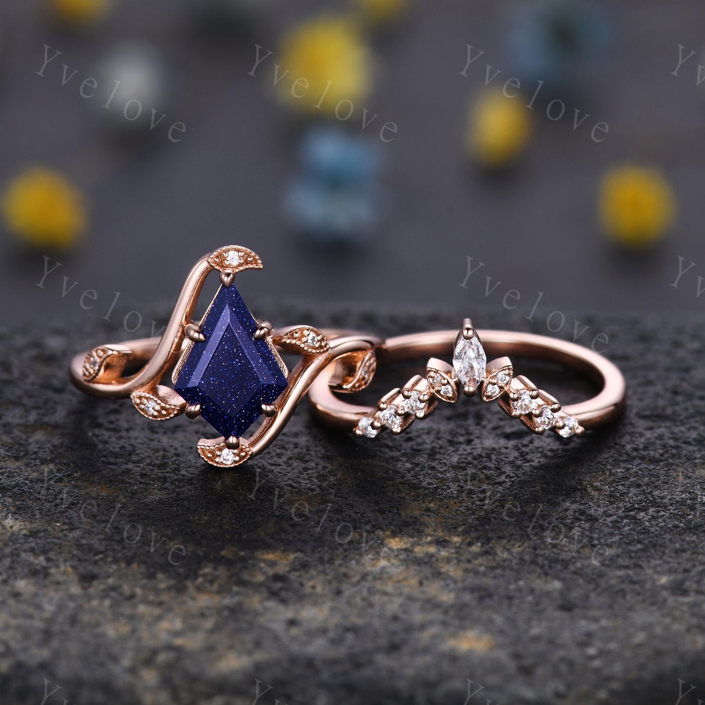 Retro Kite Sandstone Ring,Vintage Blue Sandstone Ring Set,Unique Sandstone Engagement Ring,Stacking Wedding band,Promise Bridal Ring Gift