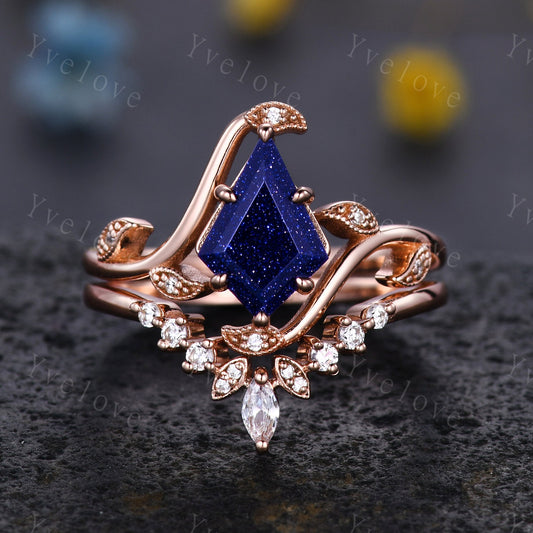 Retro Kite Sandstone Ring,Vintage Blue Sandstone Ring Set,Unique Sandstone Engagement Ring,Stacking Wedding band,Promise Bridal Ring Gift