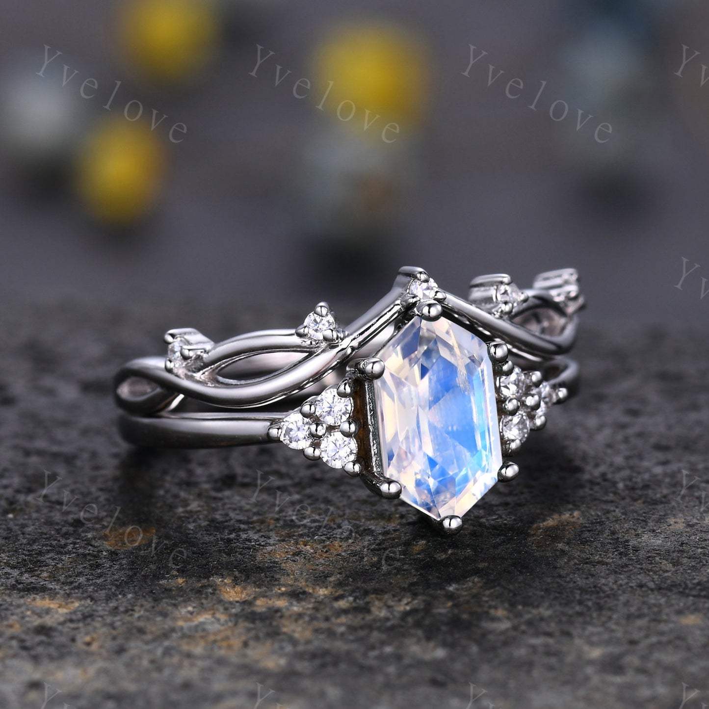 Retro Hexagon Moonstone Ring,Vintage Sterling Silver Ring Set,Unique Moonstone Engagement Ring,Promise Ring,Anniversary Ring Gift For Her