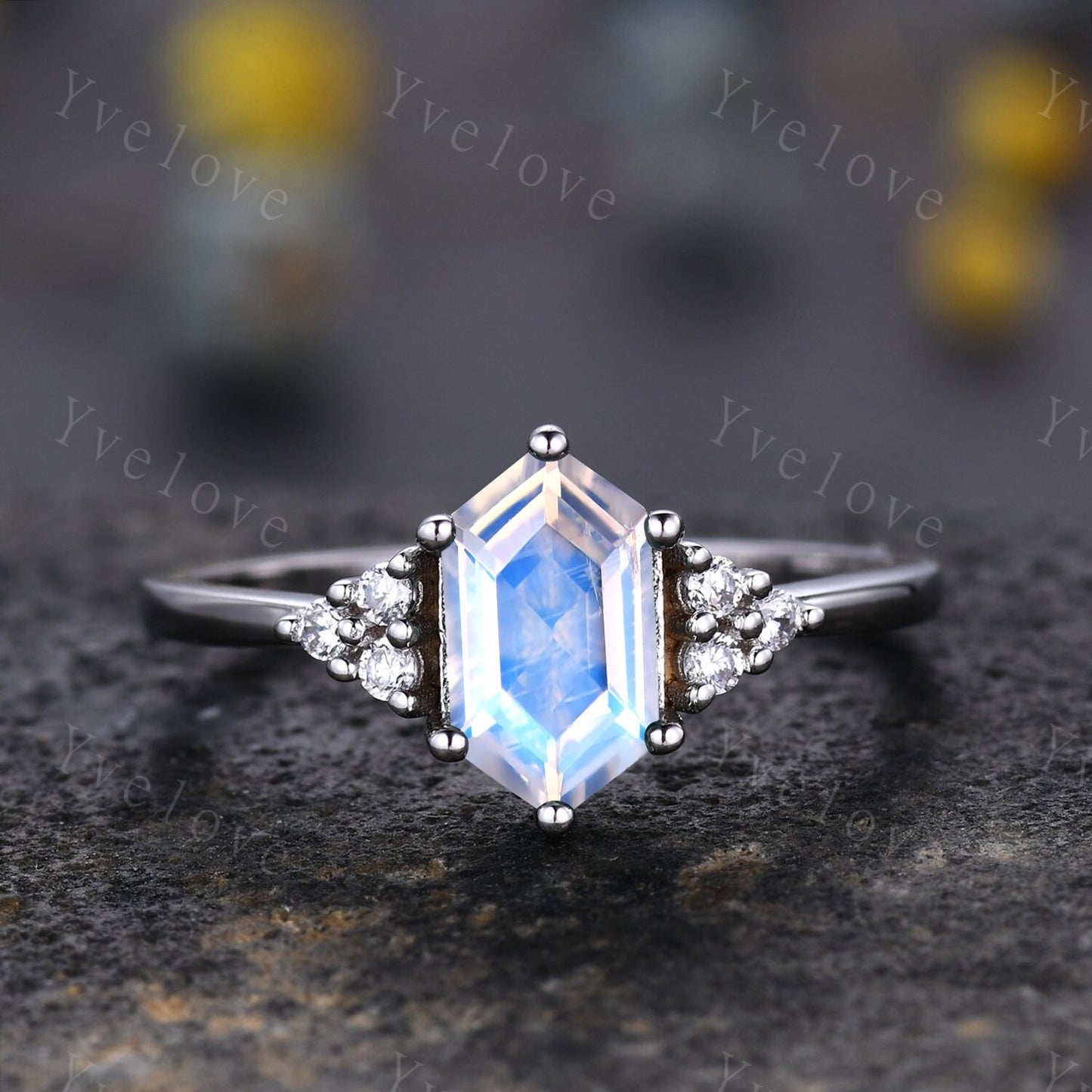 Retro Hexagon Moonstone Ring,Vintage Sterling Silver Ring Set,Unique Moonstone Engagement Ring,Promise Ring,Anniversary Ring Gift For Her