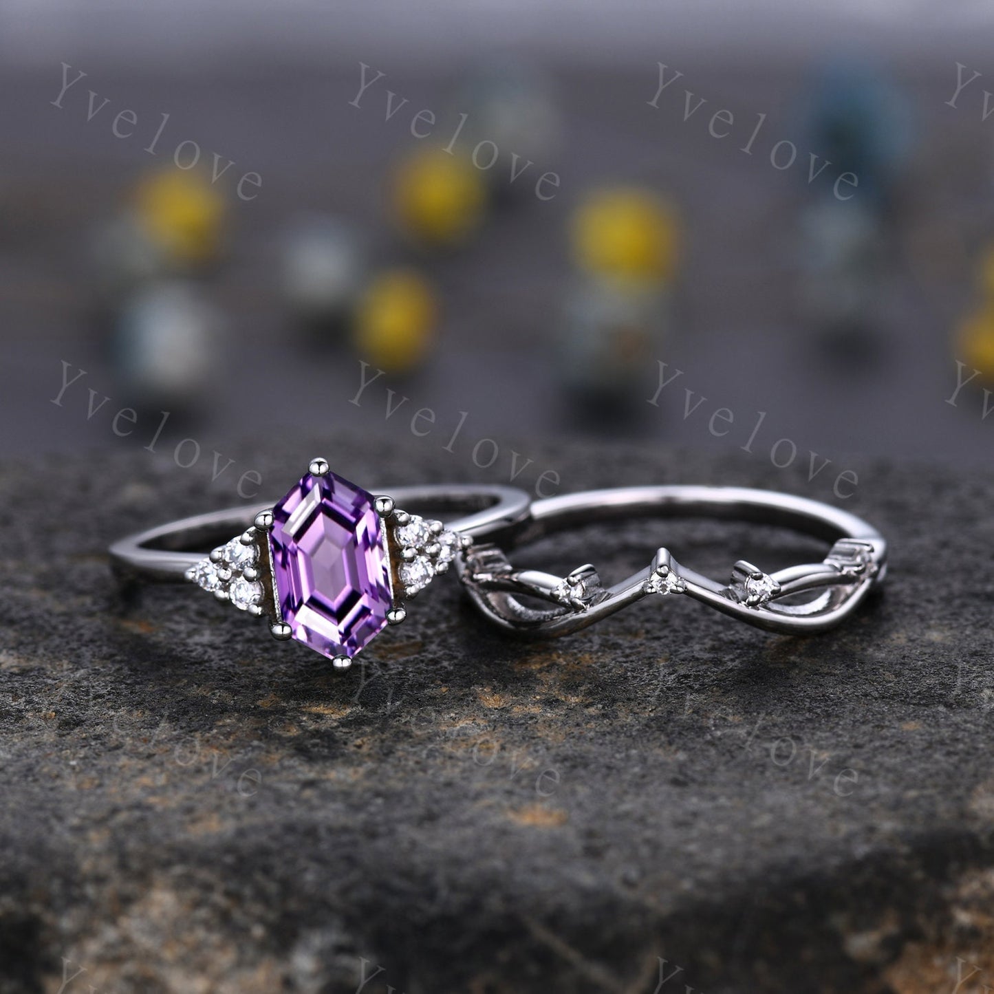 Retro Long hexagon Amethyst Ring,Vintage Sterling Silver Ring Set,Unique Amethyst Engagement Ring,Promise Ring,Anniversary Ring Gift For Her