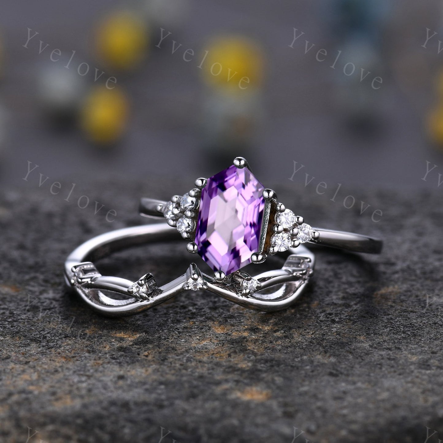 Retro Long hexagon Amethyst Ring,Vintage Sterling Silver Ring Set,Unique Amethyst Engagement Ring,Promise Ring,Anniversary Ring Gift For Her
