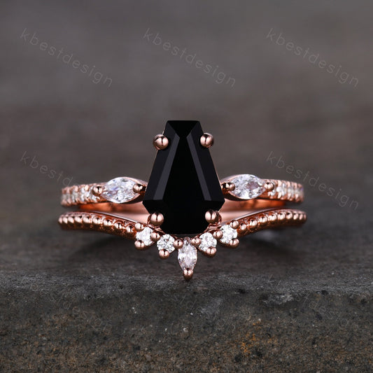 Coffin Shape Black Onyx Engagement Ring Set Vintage Moissanite Cluster Wedding Ring Art Deco Curved Stacking Band Unique Bridal Promise Set