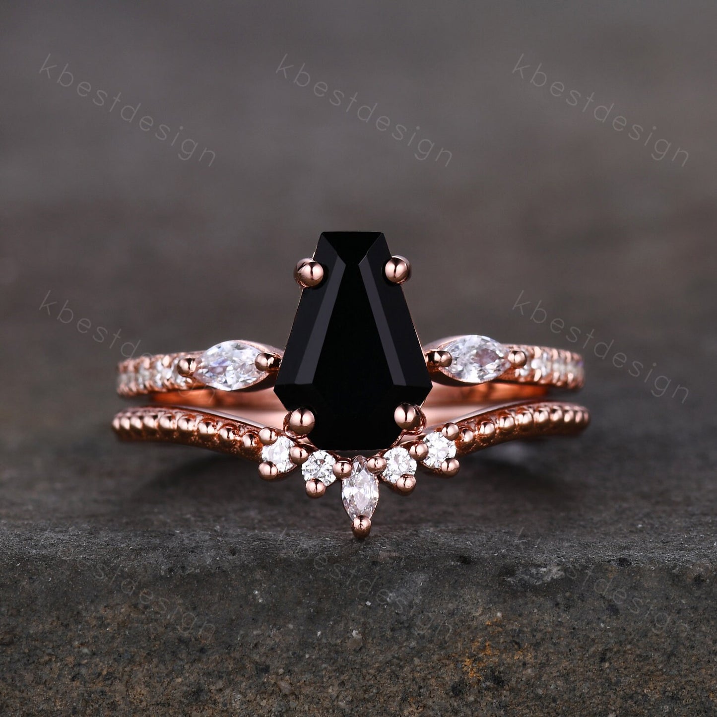 Coffin Shape Black Onyx Engagement Ring Set Vintage Moissanite Cluster Wedding Ring Art Deco Curved Stacking Band Unique Bridal Promise Set