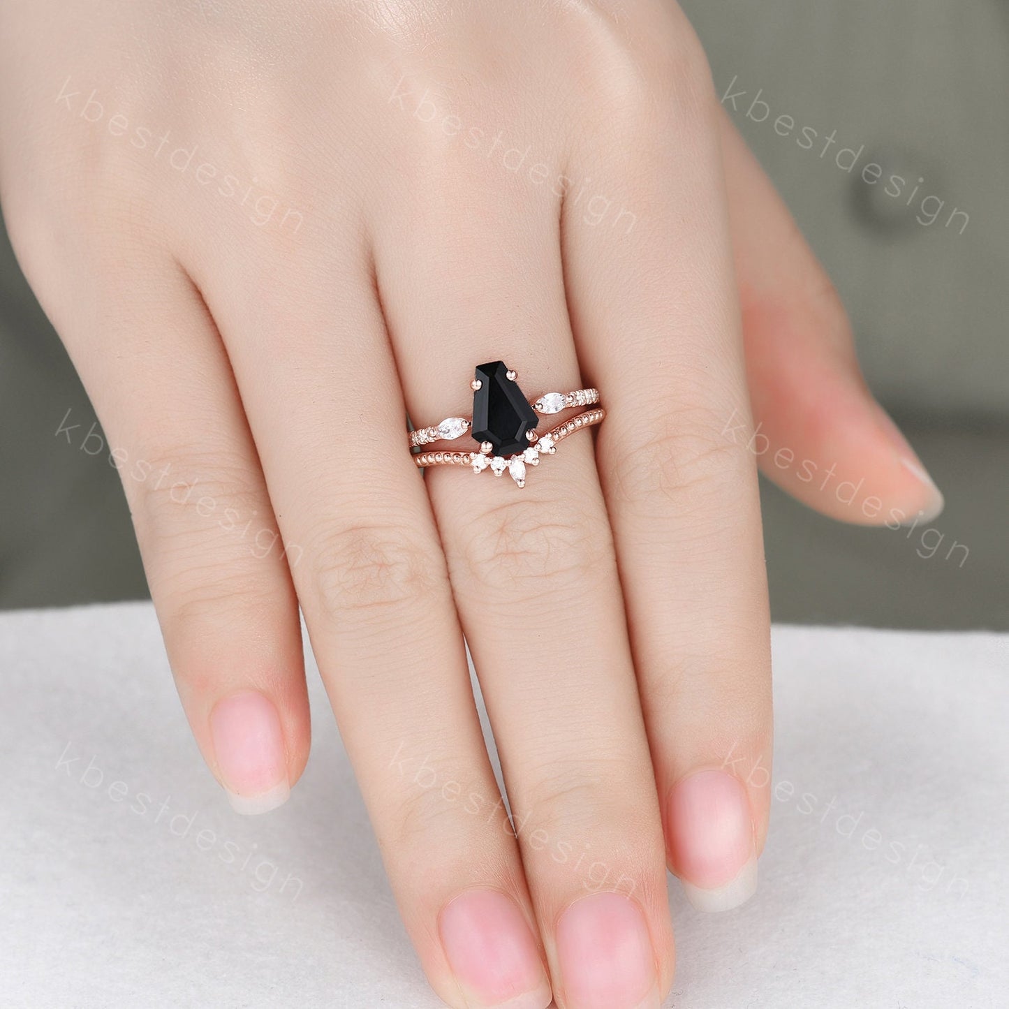 Coffin Shape Black Onyx Engagement Ring Set Vintage Moissanite Cluster Wedding Ring Art Deco Curved Stacking Band Unique Bridal Promise Set