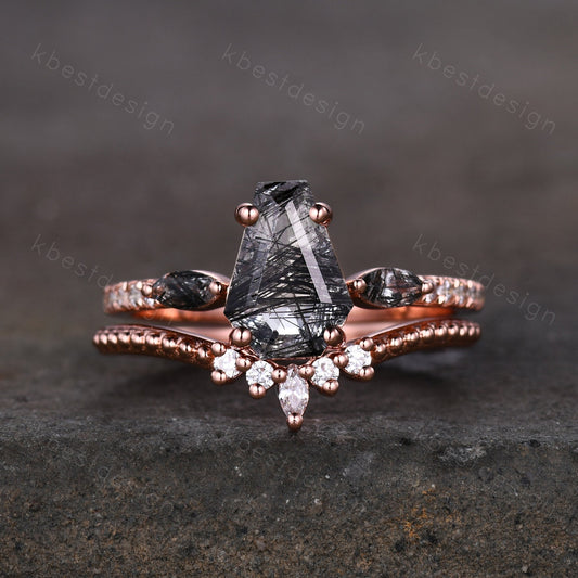 Vintage coffin cut black rutilated quartz engagement ring 14K Rose gold unique Moissanite ring Art deco Curved stacking band Bridal Ring Set
