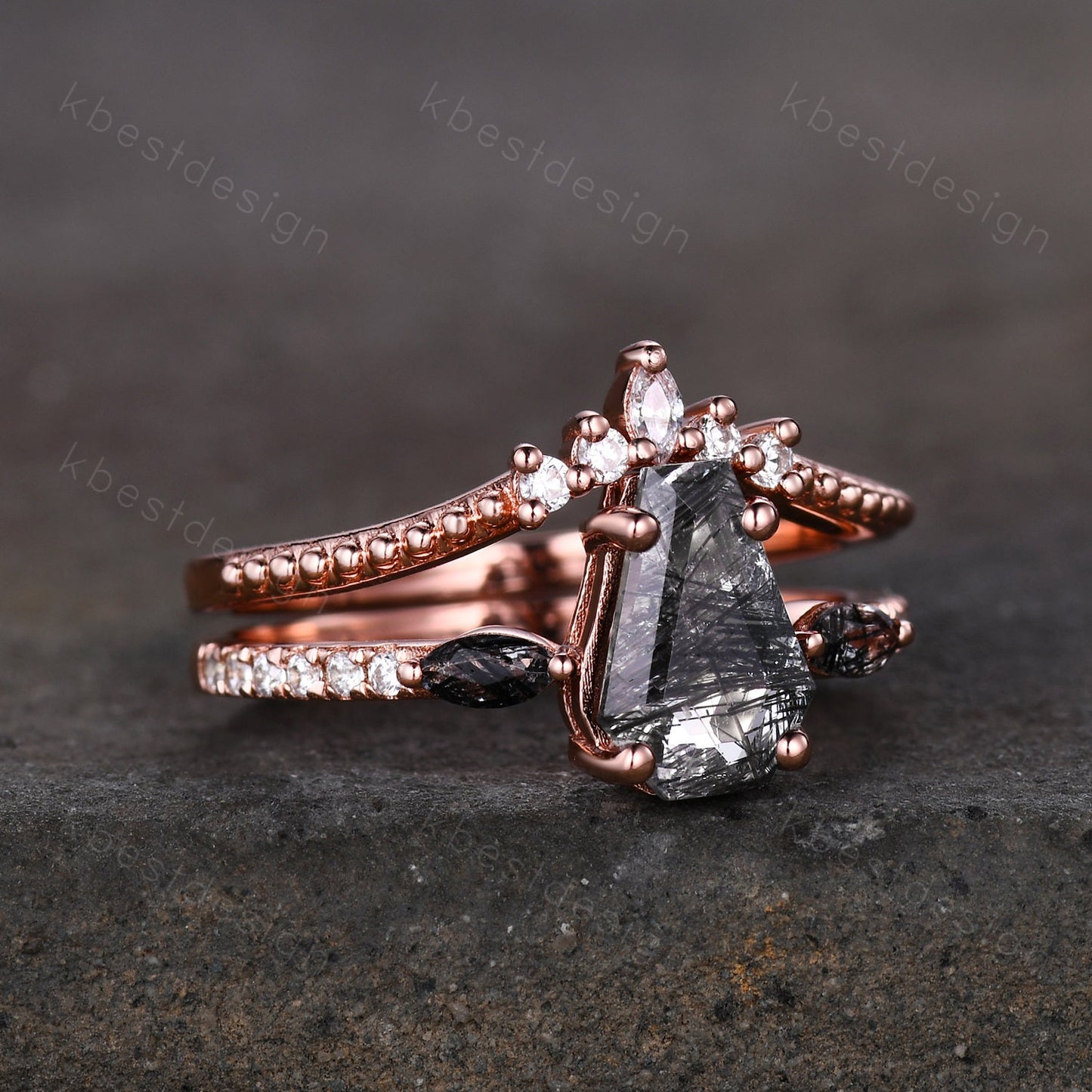 Vintage coffin cut black rutilated quartz engagement ring 14K Rose gold unique Moissanite ring Art deco Curved stacking band Bridal Ring Set