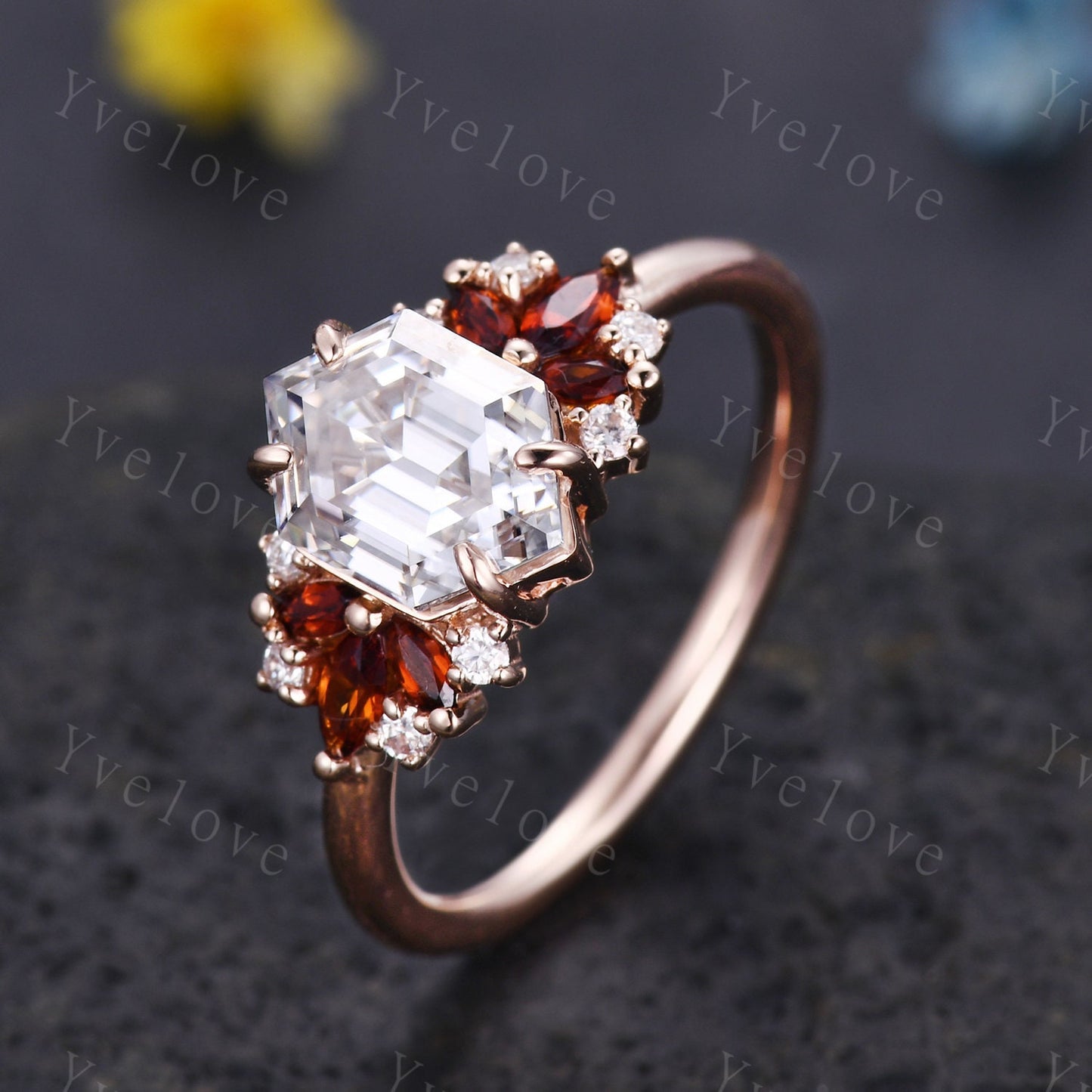 Vintage Hexagon Moissanite Garnet engagement ring,Unique Marquise Garnet Ring,Cluster Ring,Gold,Women Bridal Wedding Band,Statement Ring