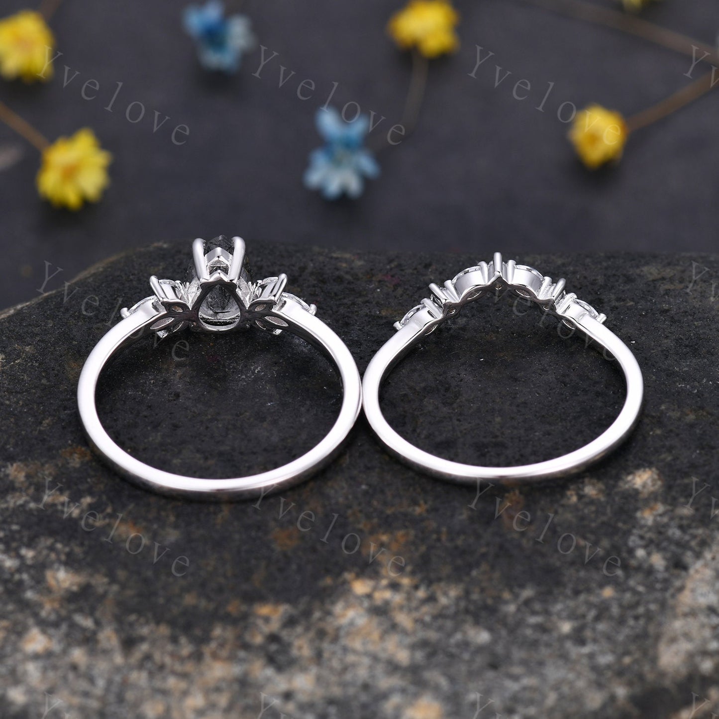 Pear Black Rutilated Quartz Engagement Ring Set Art Deco Ring Women Stacking Diamond Moissanite Matching Band Unique Vintage Jewelry Silver