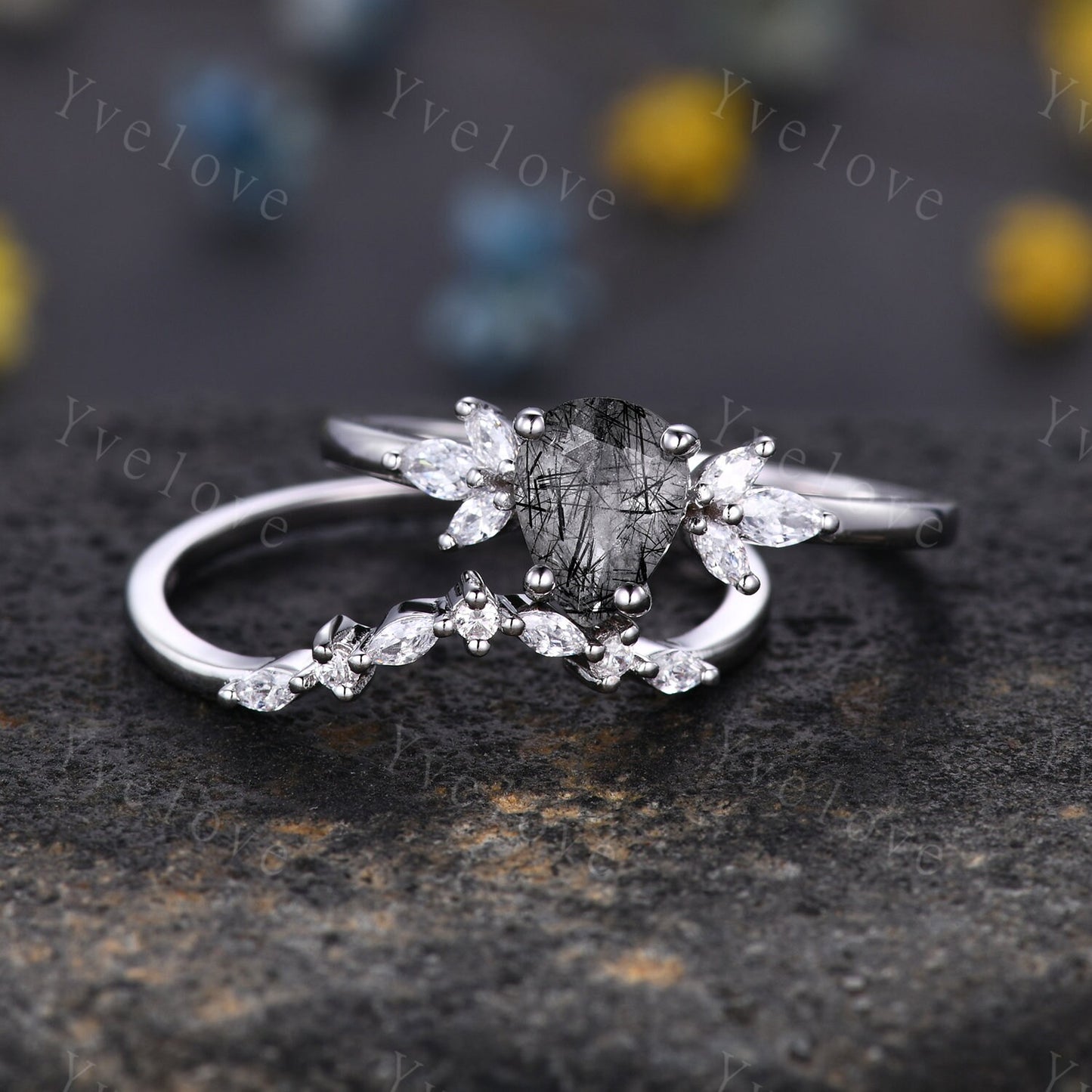 Pear Black Rutilated Quartz Engagement Ring Set Art Deco Ring Women Stacking Diamond Moissanite Matching Band Unique Vintage Jewelry Silver