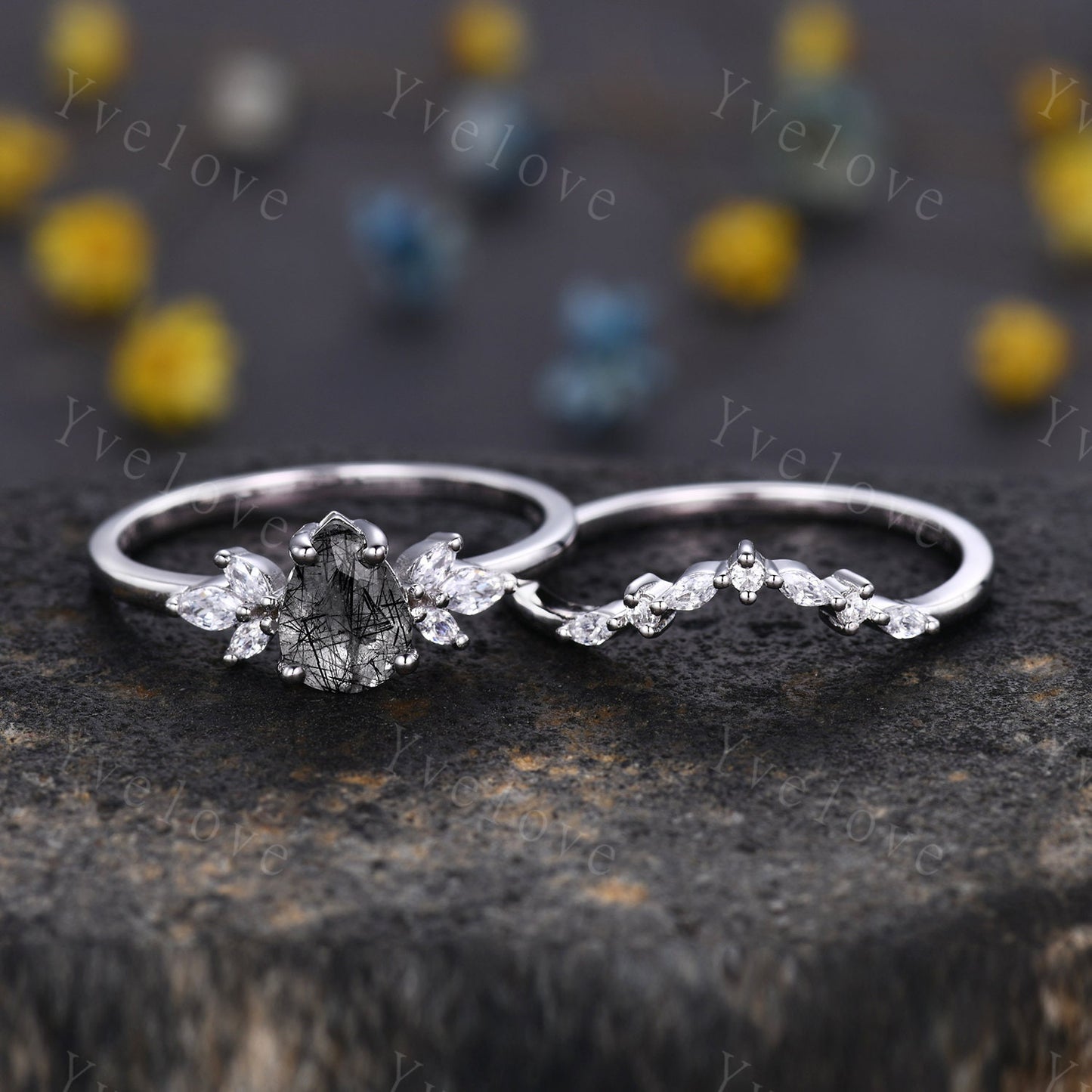 Pear Black Rutilated Quartz Engagement Ring Set Art Deco Ring Women Stacking Diamond Moissanite Matching Band Unique Vintage Jewelry Silver