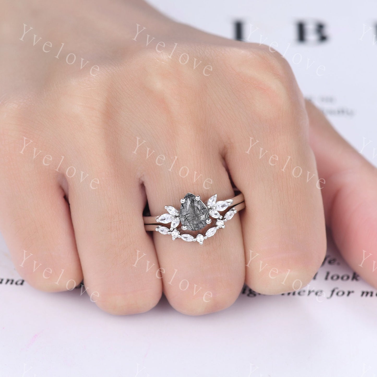 Pear Black Rutilated Quartz Engagement Ring Set Art Deco Ring Women Stacking Diamond Moissanite Matching Band Unique Vintage Jewelry Silver
