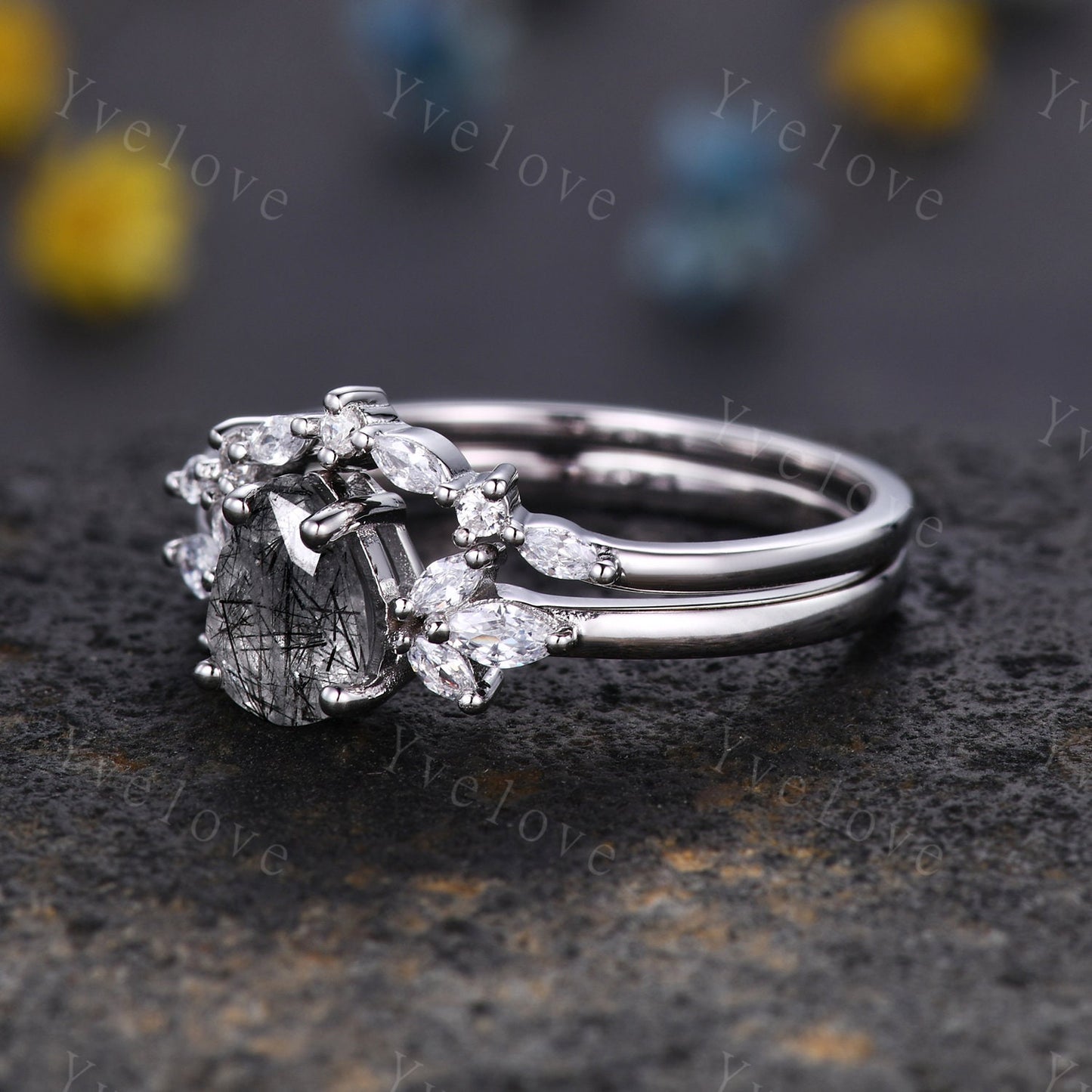 Pear Black Rutilated Quartz Engagement Ring Set Art Deco Ring Women Stacking Diamond Moissanite Matching Band Unique Vintage Jewelry Silver