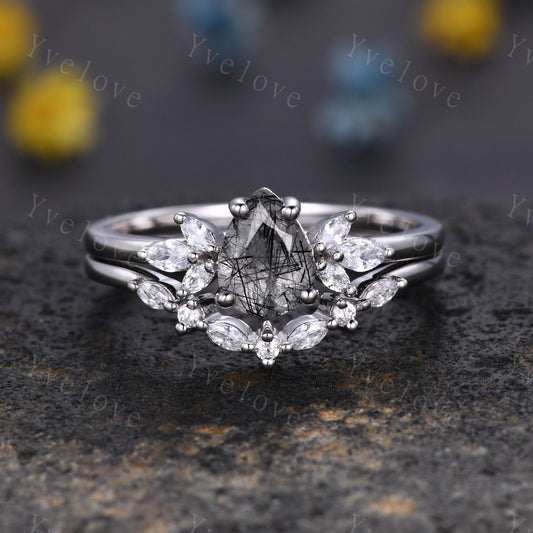 Pear Black Rutilated Quartz Engagement Ring Set Art Deco Ring Women Stacking Diamond Moissanite Matching Band Unique Vintage Jewelry Silver